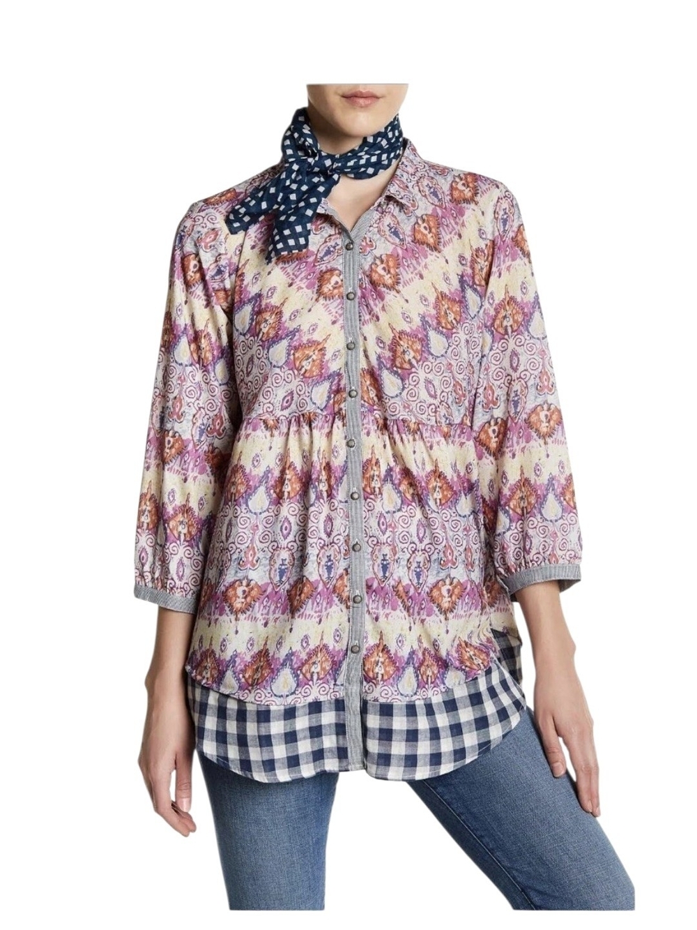 Aratta Silent Journey Multicolor Paisley Gingham Button Down Tunic Blouse Size L